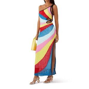 STAUD Womens XS Alpes Rainbow Crochet Maxi Dress Side Cut Out One Sleeve NEW